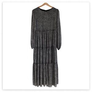 Black Floral Tiered Long Sleeve Maxi Dress Soft Flowing Lightweight Boho M